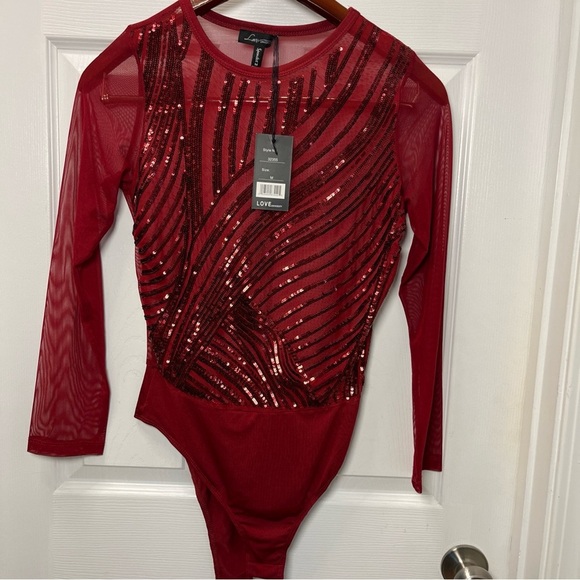 Love University Tops - Love University Red Sequin Long Sleeve Bodysuit size Medium